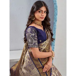 Tankori Ethnic Motifs Woven Zari Bordered Dharmavaram Saree With Embroidered Blouse Piece-picture-19