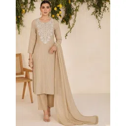 TANNAH Striped Printed Round Neck Chikankari Straight Kurta With Trousers & Dupatta-picture-10