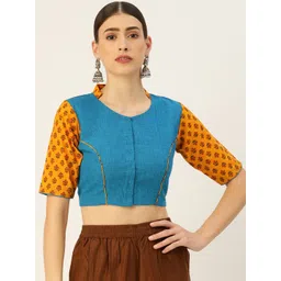 tantkatha Blue & Orange Solid Cotton Saree Blouse-picture-25