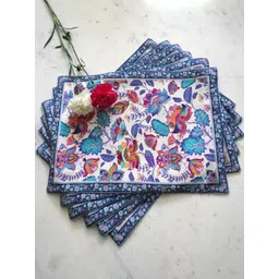 TARA- Sparkling Homes 6 Pieces White & Blue Floral Printed Pure Cotton Table Placemats-picture-32