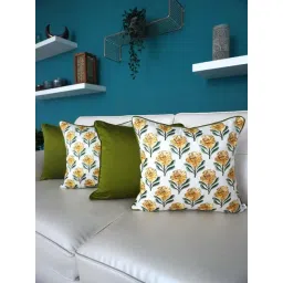 TARA Sparkling Homes Bagh-e-Khaas Green & Yellow Cotton Cushion Cover - Set of 4-picture-11