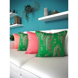 TARA- Sparkling Homes Green & Pink 2 Pieces Embroidered Cotton Silk Square Cushion Covers-picture-30