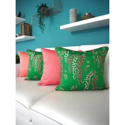 TARA- Sparkling Homes Green & Pink 4-Pieces Embroidered Cotton Silk Square Cushion Covers-picture-24