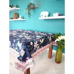 TARA- Sparkling Homes Navy Blue & White Floral Printed Pure Cotton 6 Seater Table Cover-picture-30