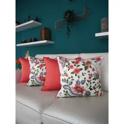 TARA- Sparkling Homes Pink & Green 4 Pieces Embroidered Cotton Silk Square Cushion Covers-picture-19