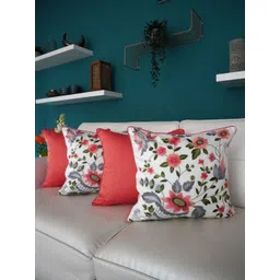 TARA- Sparkling Homes Pink & White 4 Pieces Embroidered Cotton Silk Square Cushion Covers-picture-34