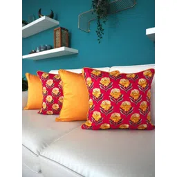 TARA- Sparkling Homes Pink & Yellow 4 Pieces Embroidered Cotton Silk Square Cushion Covers-picture-12