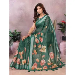 Tarlas Sarees Floral Printed Pure Linen Saree With Blouse Piece-picture-13