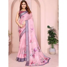Tarlas Sarees Floral Printed Pure Linen Saree with Striped Border-picture-22