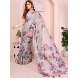 Tarlas Sarees Floral Printed Pure Linen Saree withn Blouse Piece-picture-21