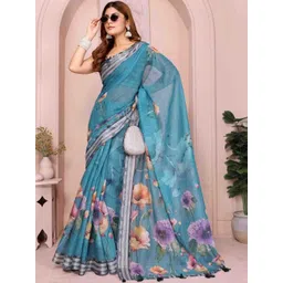 Tarlas Sarees Floral Printed Striped Pure Linen Saree-picture-16