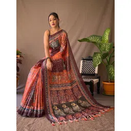 Tasarika Ethnic Motifs Printed Chanderi Saree With Unstithced Blouse Piece-image-16