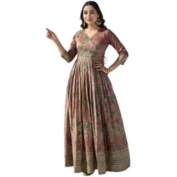 tasarika Women's Grey Angrakha Style Silk Blend Anarkali Kalamkari Printed Full Length Gown-picture-34