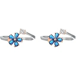 Blue Crystal Flower Adjustable Toe Rings, Rose Gold Tone, Double Floral Design-image-21