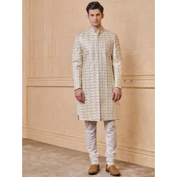Tasva Embroidered Mandarin Collar Sherwani With Pyjamas-picture-25