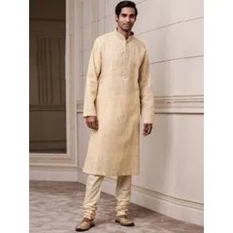 Tasva Men Beige Embellished Band Collar Textured Kurta with Churidar-picture-11