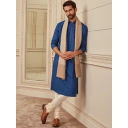 Tasva Men Blue Ethnic Motifs Embroidered Thread Work Kurta with Churidar-picture-12