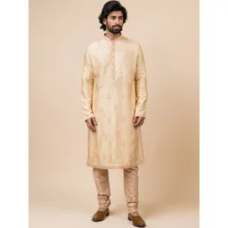 Tasva Men Gold-Toned Ethnic Motifs Embroidered Thread Work Kurta with Churidar-picture-14