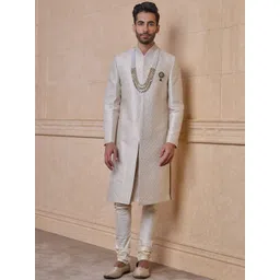 Tasva Men Mandarin Collar Brocade Sherwani Set-picture-39