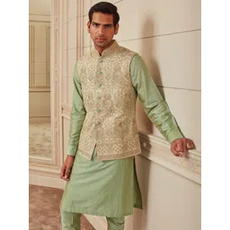 Tasva Men Pure Silk Kurta with Churidar & Embroidered Bundi Jacket-picture-13