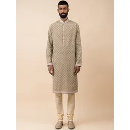 Tasva Men Sea Green & Beige Ethnic Motifs Printed Pure Cotton Kurta with Churidar-picture-27