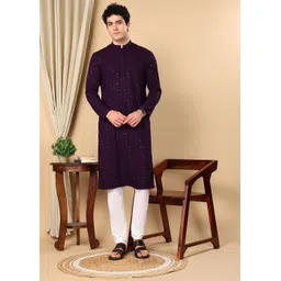 TATTVA Floral Embroidered Sequinned Mandarin Collar Pure Cotton Straight Kurta With Pyjama-picture-14