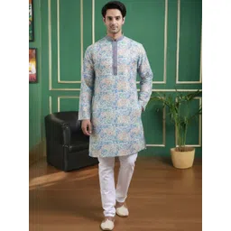 TATTVA Men Floral Thread Work Floral Jacquard Kurta-picture-22