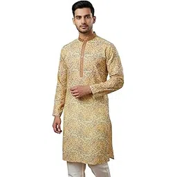 tattva Men Yellow Toned Floral Applique Threadwork Short Kurta-picture-11