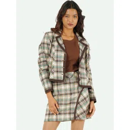 Taurus Women Beige & Brown Plaid Checked Jacket & Skirt Co-Ords-picture-23