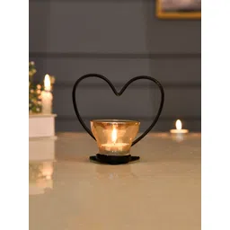 TAYHAA Black & Transparent Heart Textured Metal Glass Candle Holder-picture-19