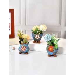 TAYHAA Blue & Brown 3 Pieces Enamel Painted Flower Design Ceramic Planters-picture-27