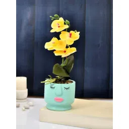 Tayhaa Blue & Yellow Ceramic Artistic Face Planter With Artificial Orchids-picture-14