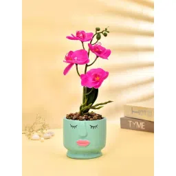 Tayhaa Green & Pink Ceramic Artistic Face Planter With Artificial Orchids-picture-15