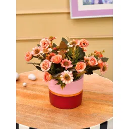 TAYHAA Pink Green Printed Daisy & Camellia Artificial Flower With Pot-picture-17