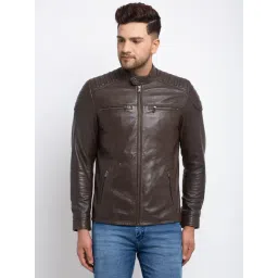 Teakwood Leathers Brown Mandarin Collar Leather Jacket-picture-39