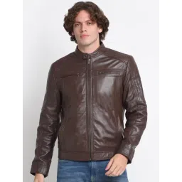 Teakwood Leathers Brown Mandarin Collar Leather Jacket-picture-12
