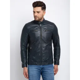 Teakwood Leathers Dark Blue Mandarin Collar Leather Jacket image 1