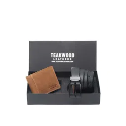 Teakwood Leathers Tan Casual Leather Bi-Fold Wallet with Belt Gift Set for Men-picture-35