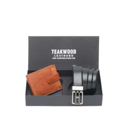 Teakwood Leathers Tan Casual Leather Bi-Fold Wallet with Belt Gift Set for Men-picture-26