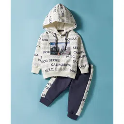 Teddy Fleece Knit Full Sleeves Hooded Winter Wear Suit Set With Kangaroo Pockets & California Text Print - Beige-picture-24