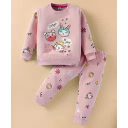 Teddy Fleece Knit Full Sleeves Winter Wear T-Shirt & Lounge Pant Set With Animal Print - Pink-picture-25
