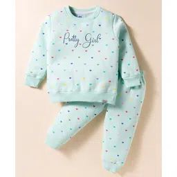 Teddy Sinker Knit Full Sleeves Co-ords Night Suit with Heart & Text Print - Light Green-picture-22