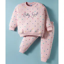 Teddy Sinker Knit Full Sleeves Co-ords Night Suit with Heart & Text Print - Pink-picture-18