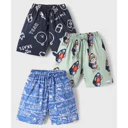 Teddy Sinker Knit Knee Length Shorts With Animal & Vehicles Print Pack Of 3 - Navy Blue Light Green & Blue-picture-10