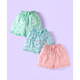 Teddy Sinker Knit Knee Length Shorts with Strawberry Floral & Unicorn Print & Bow Applique Pack of 3 - Pink Light Blue & Green-picture-22