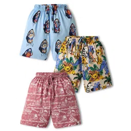 Teddy Sinker Knit Knee Length Shorts With Vehicles & Animal Print Pack Of 3 - Light Blue White & Light Red-picture-12