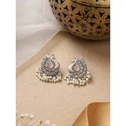 Teejh Ethnic Nirali Pink & White Silver Oxidized Stud Earrings-picture-42