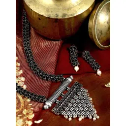 Teejh Ethnic Nitti Black Stone Silver Oxidized Long Necklace Set for Women-picture-20