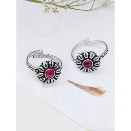 Teejh Ethnic Siya Pink Stone Silver Oxidized Toe Rings for Women-picture-24