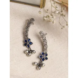 Teejh Ethnic Viha Silver Oxidized Blue Floral Ear Cuff Earrings-picture-48